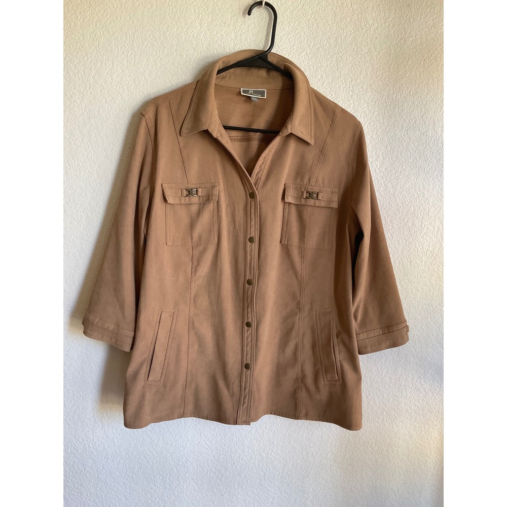 JM Collection Petite Tan Faux Suede Button Up Jacket 3/4 Sleeve P/XL Brown